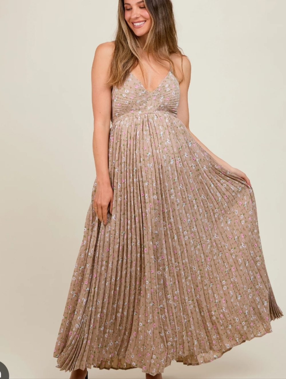 Mocha Floral Pleated Back Cutout Maternity Maxi Dress